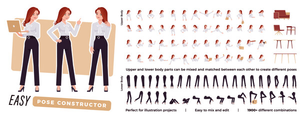Business consultant character easy pose constructor. Office girl drag drop set, female assistant body match, figure building. Vector flat style cartoon construction kit isolated, white background - obrazy, fototapety, plakaty
