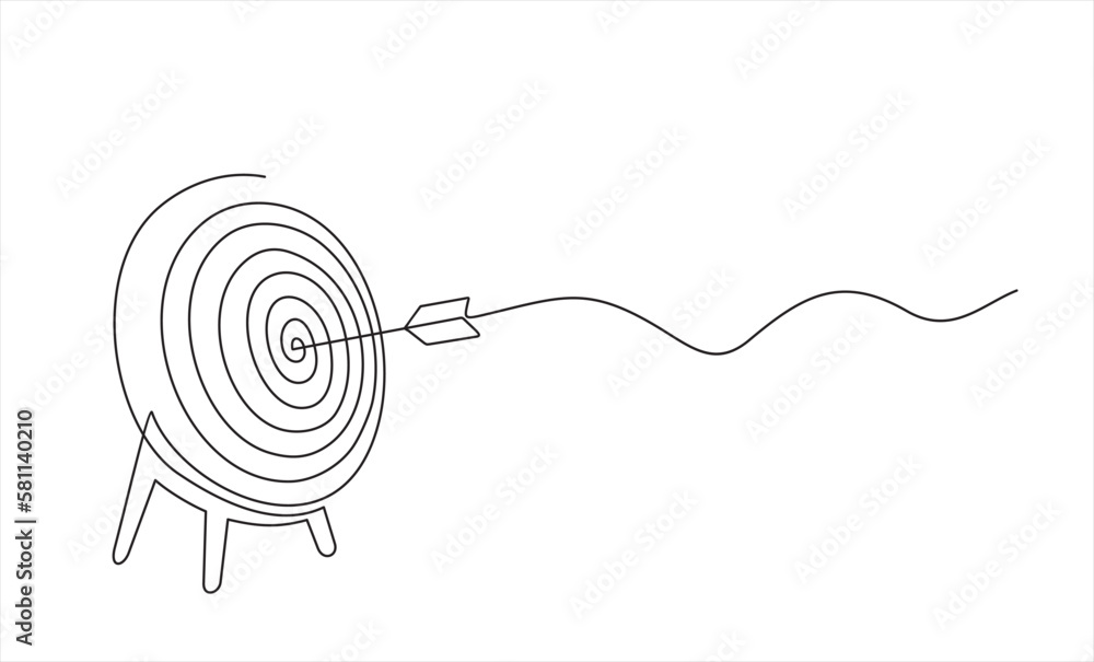 Poster continuous one line drawing of arrow on target circle.target bullseye or arrow on target. the busine