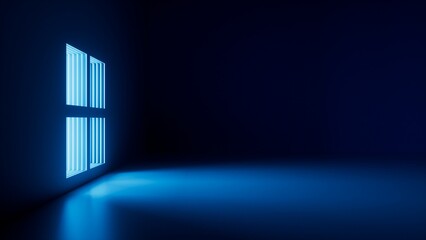 3d render, abstract blue background. Bright light going through the window in dark empty room