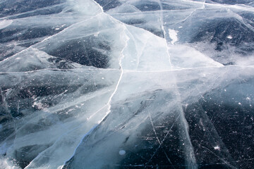 Baikal lake in winter with transparent cracked blue ice of Olkhon island, Baikal, Siberia