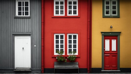 Fototapeta na wymiar Color facade of a house in the Norwegian village. Scandinavian inspired minimalism. Generative AI