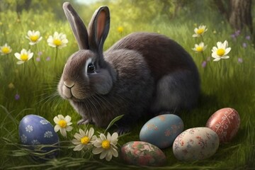 Easter bunny with easter eggs, AI generated illustration