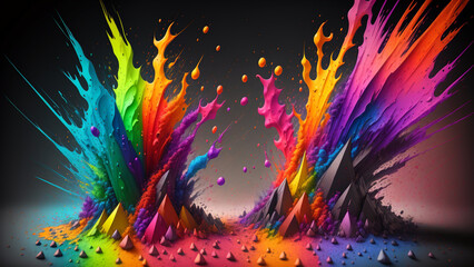 躍動感のあるカラフルな液体のスプラッシュ　カラーパウダー　イラスト　虹色Vibrant colorful liquid splash color powder illustration rainbow color - obrazy, fototapety, plakaty