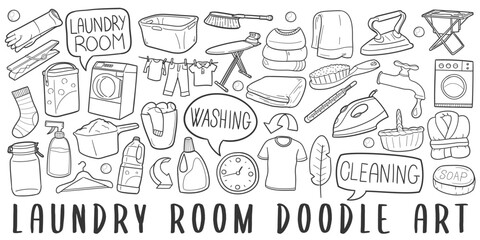 Laundry Room Doodle Icons. Hand Made Line Art. Cleaning Clothes Clipart Logotype Symbol Design.