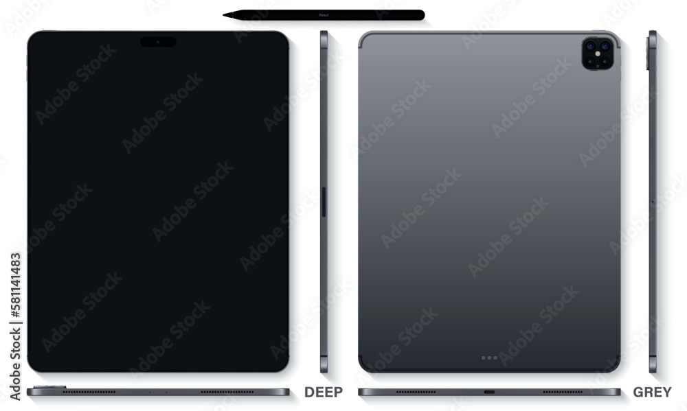 Aufkleber new frameless tablet gray color with black screen and stylus top view isolated on white background. 