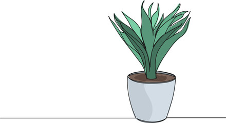 colored continuous single line drawing of potted plant, line art vector illustration