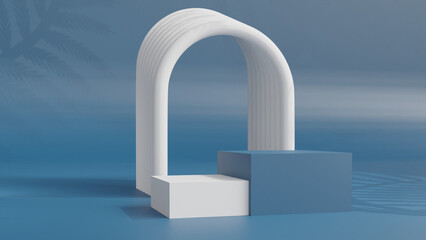 3d product display podium scene with the geometric platform. 3d cylinder stand podium. Commercial background. Geometric forms in modern minimal design. 3d rendering.