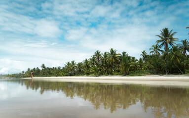 Pessoa andando em praia paradisíaca rodeada de coqueiros e com reflexo na água