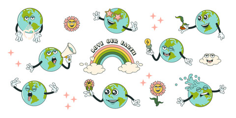 Retro earth cartoon character planet stickers in trendy retro cartoon style. Sticker pack for Earth or World Environment Day. Funny vector illustration of planet Earth. Eco green labels or badges.