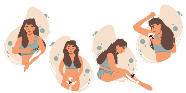 Set of woman shaves her hair with a razor. Intimate hygiene. Flat vector illustration