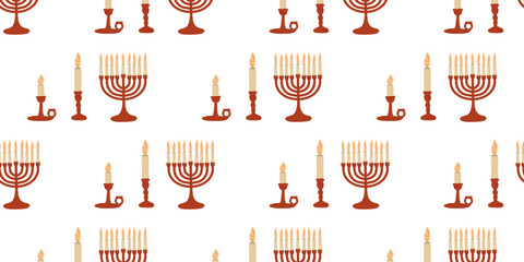 Seamless pattern with a candlestick with a candle and a Hanukkah menorah.