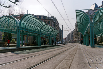 Tram station Plainpalais at Swiss City of Geneva on a sunny winter day. Photo taken March 5th, 2023, Geneva, Switzerland.