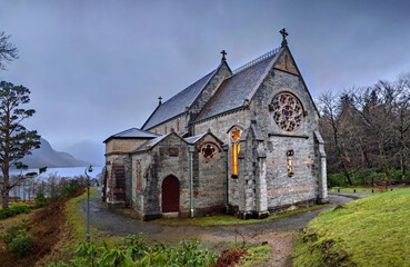 Fototapeta na wymiar Old, beautiful catholic Saint Mary and Saint Finnan church in Glenfinnan, Scotland.