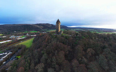 Wallace Monument in Stirling, Scotland. Drone shot.