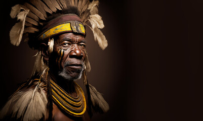 Aged native African man in headwear of warrior and colorful paints of tribe culture on face looking at camera. Generative AI.