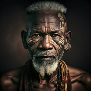 Senior African Male Warrior With Colorful Tribal Drawing On Face Wearing Necklaces And Looking At Camera. Generative AI.