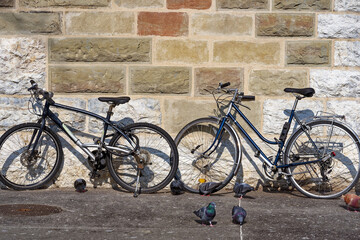 Man bicycle and woman bicycle parked at stone wall at Swiss City of Geneva with pigeons on a sunny winter day. Photo taken March 5th, 2023, Geneva, Switzerland.