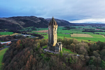 Wallace Monument in Stirling, Scotland. Drone shot.