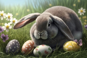 Cute Easter bunny with easter eggs