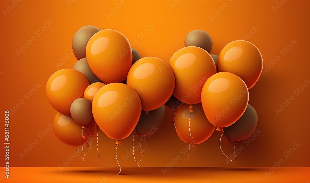 Poster  a bunch of orange balloons floating in the air on an orange background with a shadow on the wall and a shadow on the floor below.  generative ai