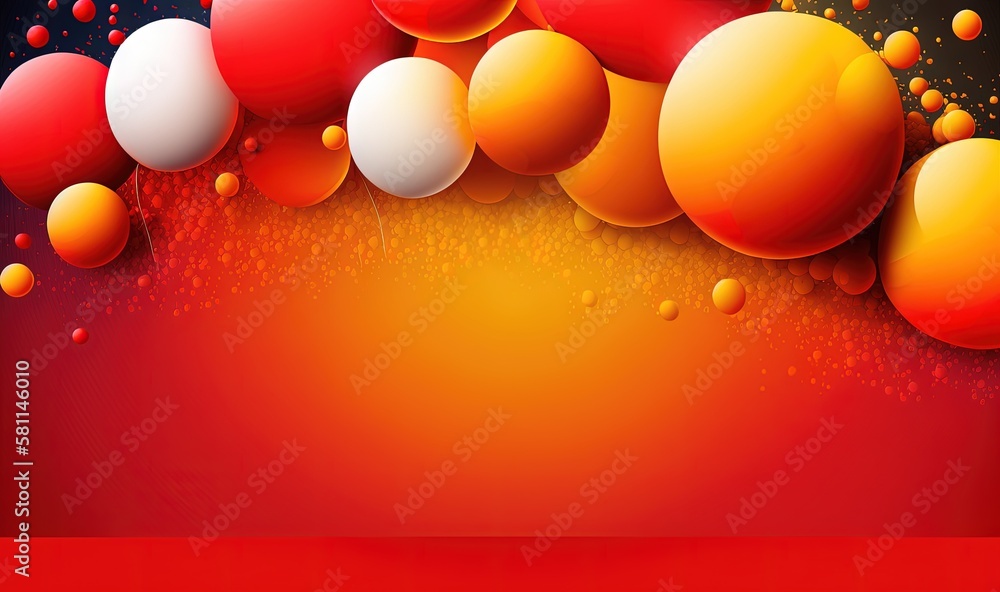 Poster  a red and yellow background with many balls of different sizes and shapes on it, with a red and yellow background with a red border.  generative ai