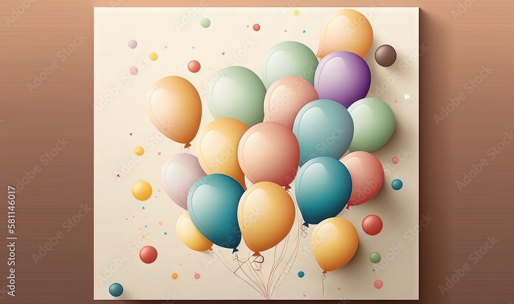 Poster a bunch of balloons floating on top of a white paper with confetti around them on a beige background