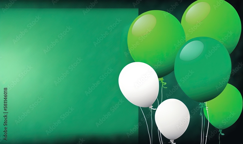 Poster a group of green and white balloons in front of a green background with a white square in the middle