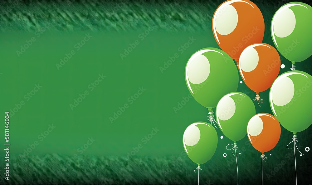 Poster a bunch of green and orange balloons floating in the air on a green background with a black border a