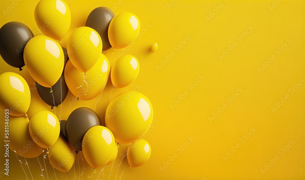 Poster a bunch of yellow and brown balloons floating in the air on a yellow background with a string of bla