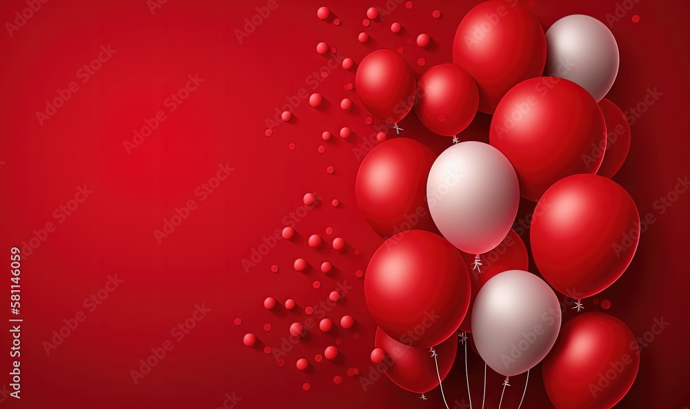 Poster  a bunch of red and white balloons floating on a red background with a white balloon in the middle of the balloon and a white balloon in the middle of the balloon.  generative ai