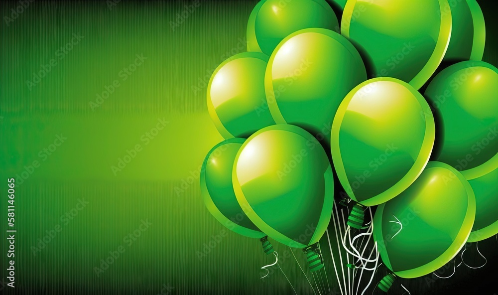 Poster a bunch of green balloons floating in the air on a green background with a black border and a green 