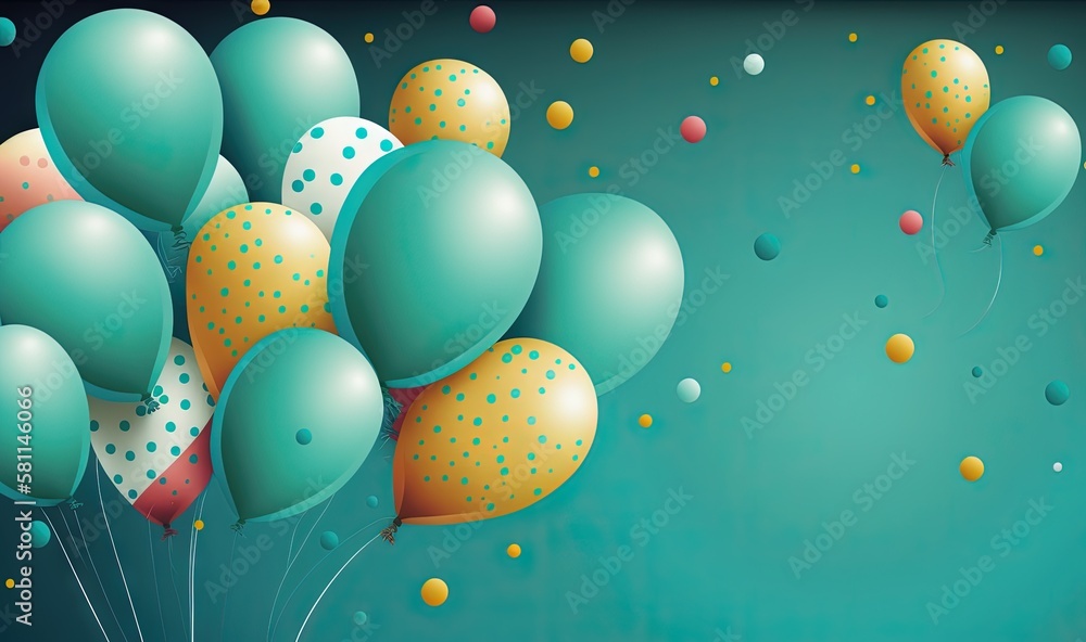 Poster a bunch of balloons floating in the air with confetti and dots on them on a blue background with a b
