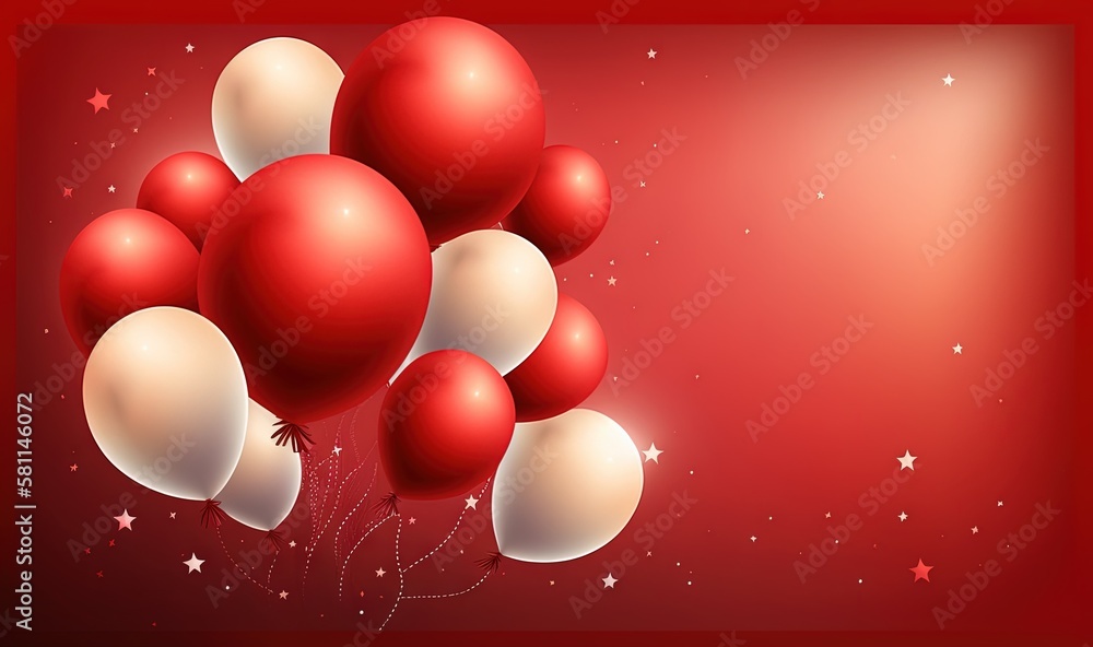 Poster a bunch of red and white balloons floating in the air with stars on a red background with a white bo