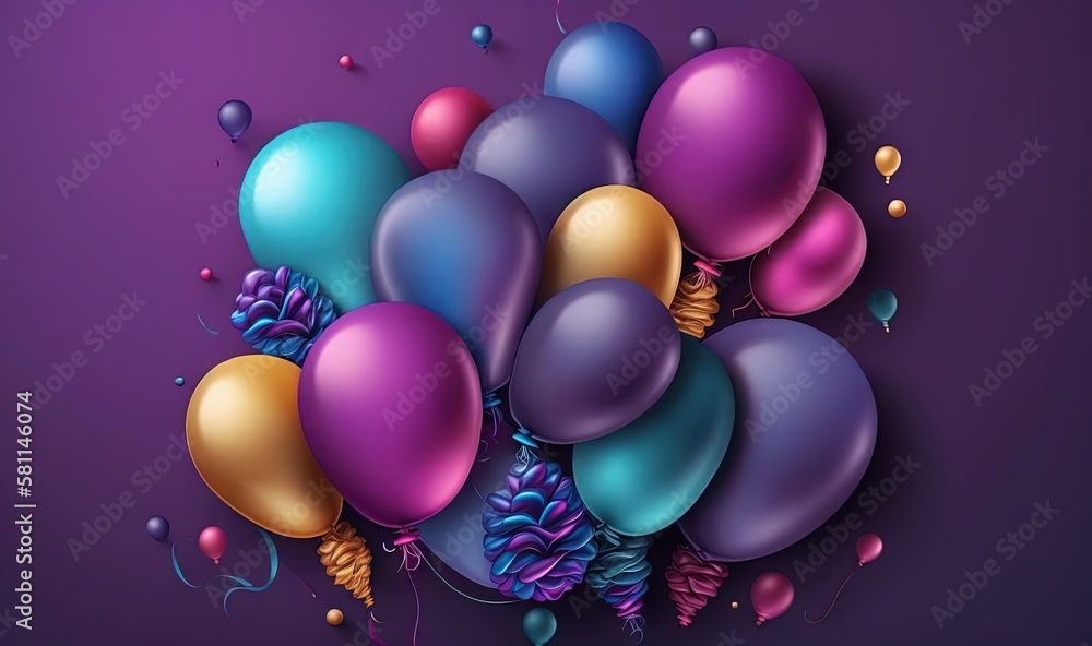 Poster a bunch of colorful balloons floating in the air with streamers and confetti on a purple background 