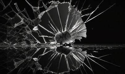  a broken glass with a reflection of it in the water and a black background with a reflection of it in the water and a black and white background.  generative ai