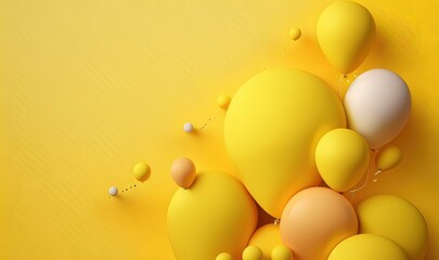  a group of balloons floating on top of a yellow surface next to a yellow wall and a yellow wall with a white dot in the middle.  generative ai