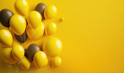  a bunch of yellow and brown balloons floating in the air on a yellow background with a string of black and white balloons in the air.  generative ai