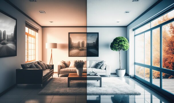  a living room filled with furniture and a large window covered in sunlight and a picture of a city behind the couch and a tree in the corner.  generative ai