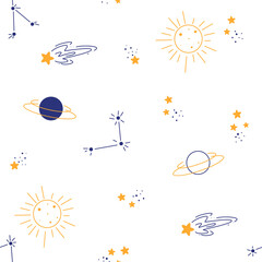 Seamless pattern with space and set of space elements in doodle style, planets, stars, constellations, flying saucers	