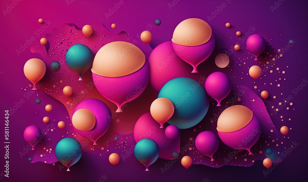 Poster a colorful background with balloons and bubbles on a purple and pink background with a pink and blue