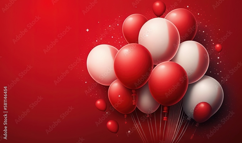 Poster a bunch of red and white balloons floating on a red background with stars and sparkles on the bottom