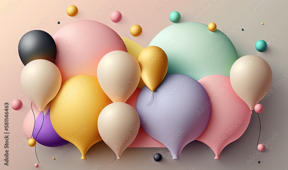 Poster a bunch of balloons floating in the air with a pink background and a yellow balloon in the middle of