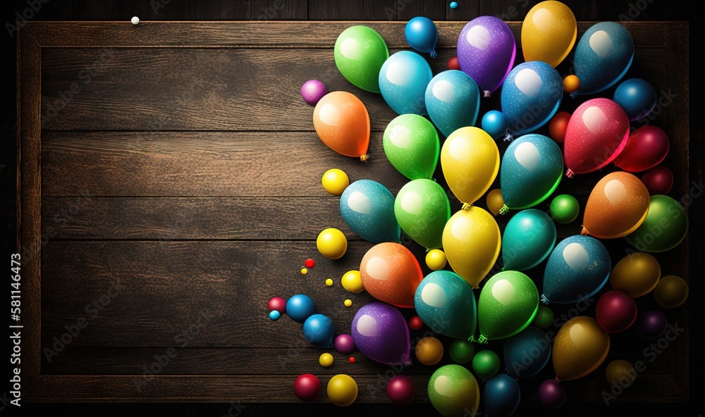 Poster a bunch of balloons that are on a wooden table with a black background and a wooden table with a woo