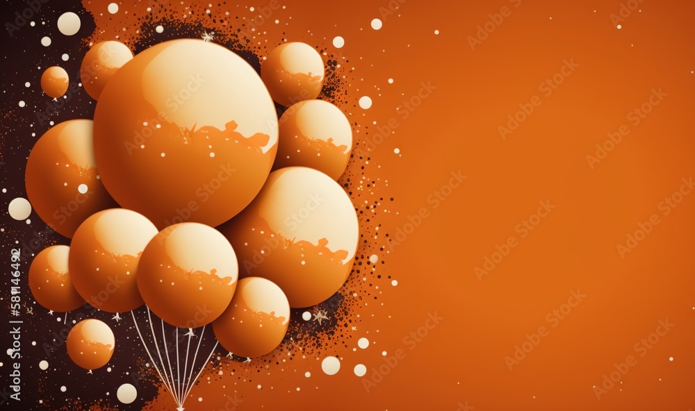 Poster a bunch of balloons floating in the air on an orange background with space for text or a space for a