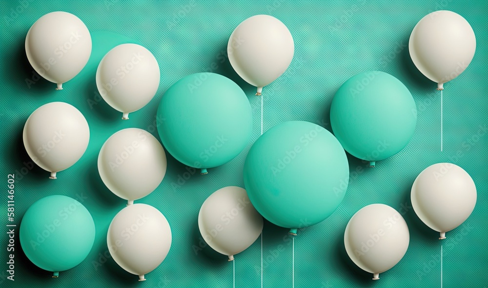 Poster a group of balloons floating on a green surface with strings attached to them and attached to a stri