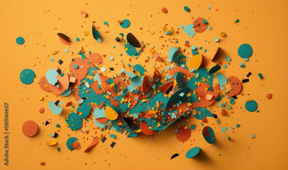 Poster a bunch of confetti and confetti on a yellow background with confetti scattered around it and a hole