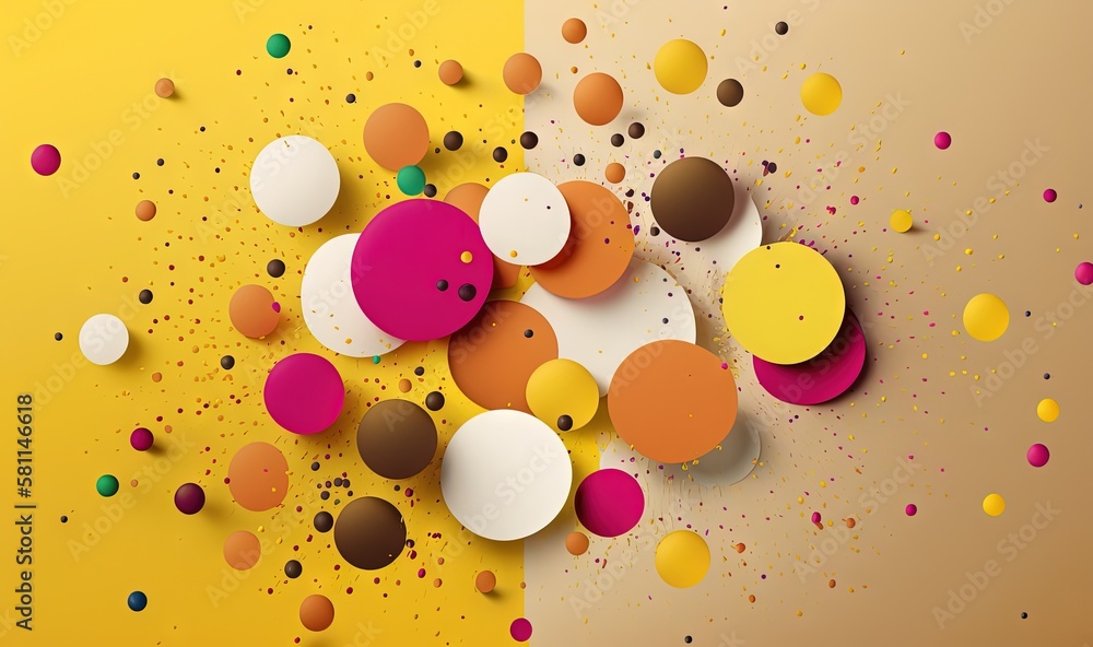 Poster an abstract background with circles and dots on a yellow and pink background with a white circle and