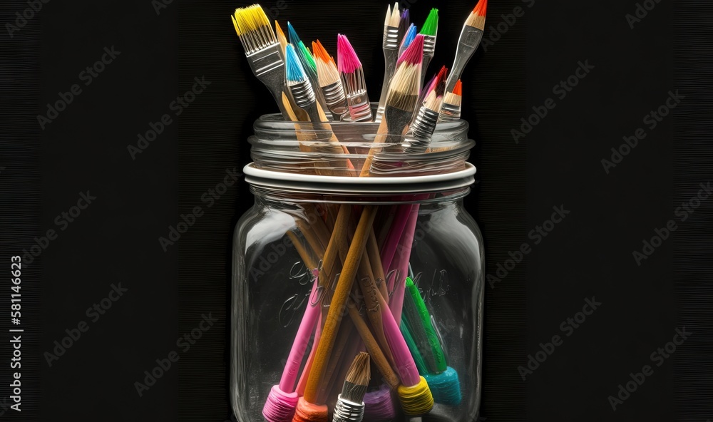 Poster a glass jar filled with lots of different colored pencils on a black background with a black backgro