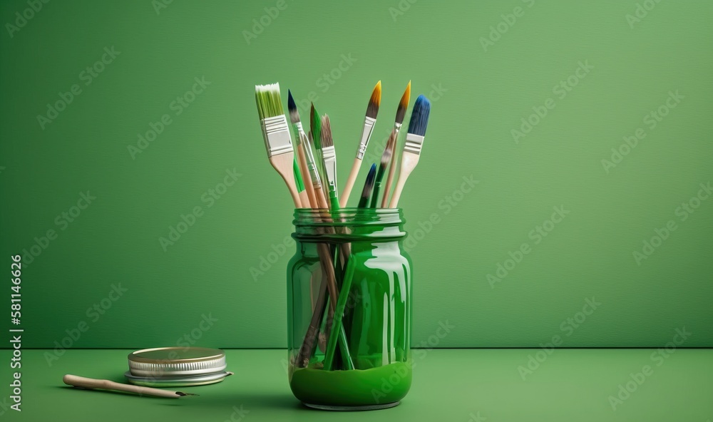 Poster a jar filled with lots of different colored paintbrushes next to a jar with a toothbrush in it and a