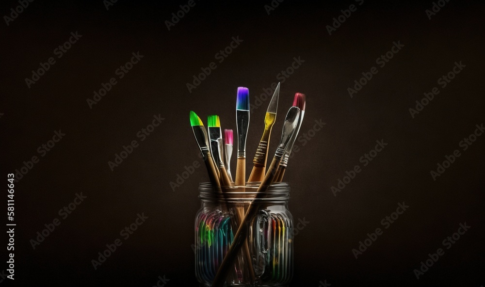 Poster a glass jar filled with different colored pens and scissors next to a black background with a black 